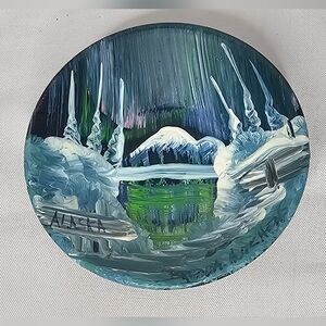 Mini Hand Painted Gold Pan Artist Signed Mountain Lake Stream Scene